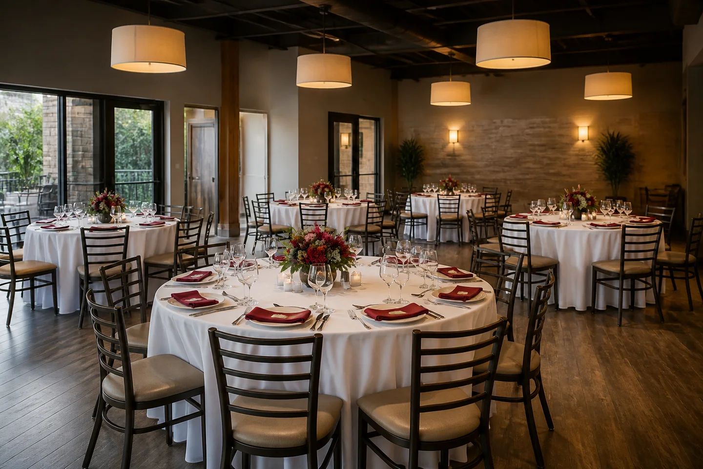 Prepared event room with round tables