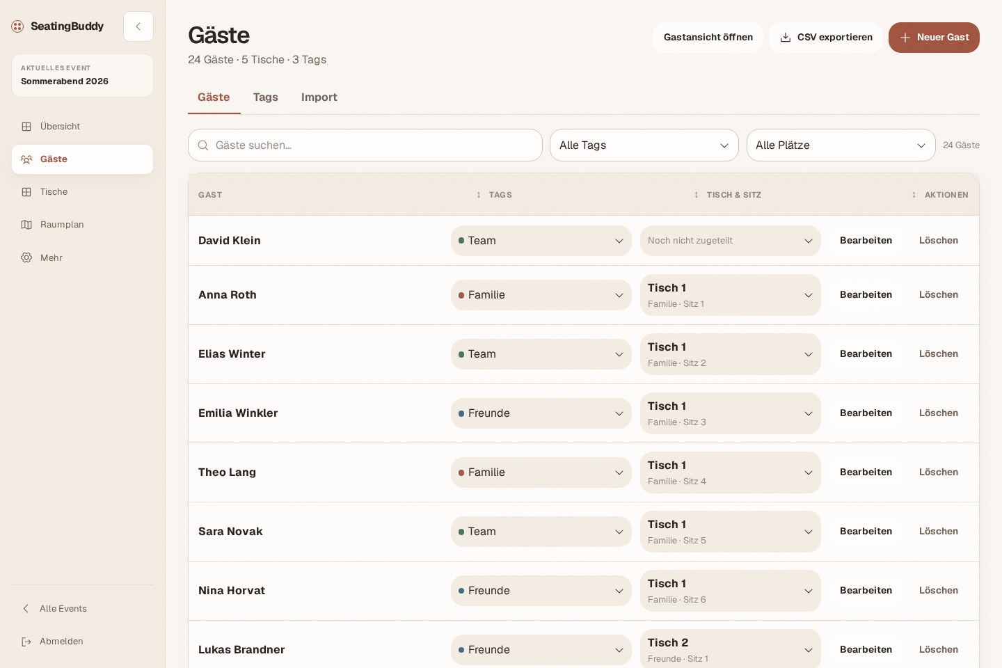 SeatingBuddy guest list with groups and assigned seats