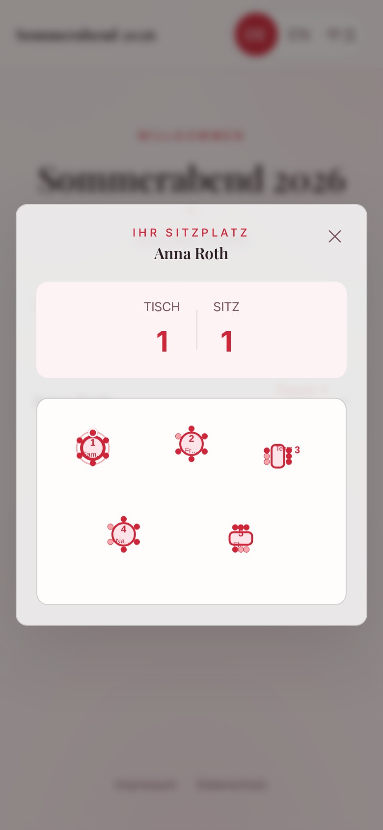 Mobile guest view with table, seat, and room plan