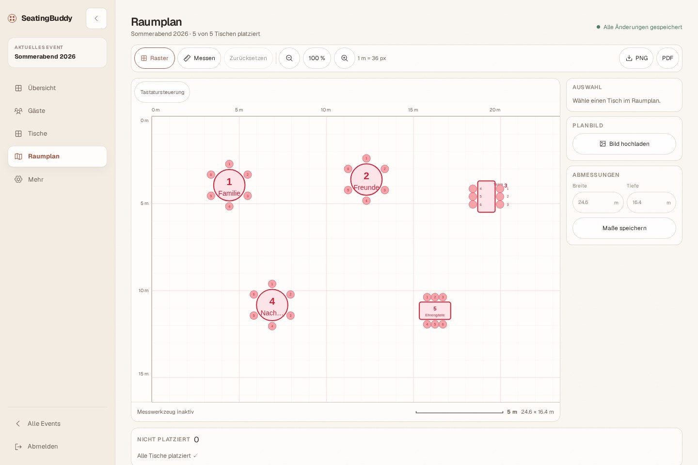SeatingBuddy room plan with five placed tables